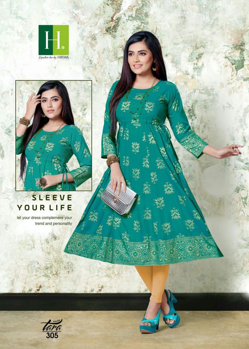 Hirwa Tara 3 Ethnic Wear Latest Fancy Rayon Gold prints with mirror work  Flair Designer  Kurti Collection